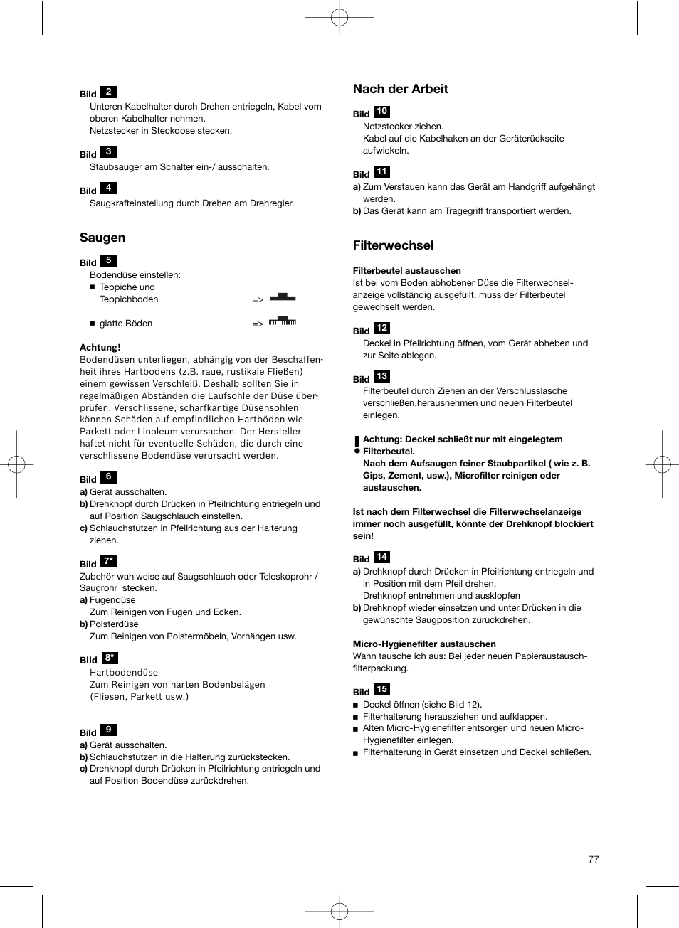 Saugen, Nach der arbeit, Filterwechsel | Bosch Scopa elettrica BHS41825 Pro Animal hepa 1800 W User Manual | Page 78 / 142