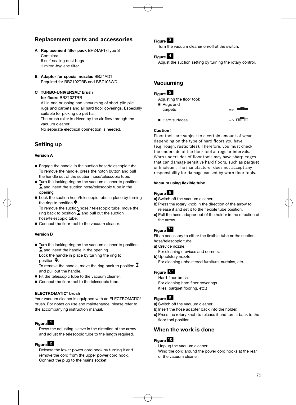 Replacement parts and accessories, Setting up, Vacuuming | When the work is done | Bosch Scopa elettrica BHS41825 Pro Animal hepa 1800 W User Manual | Page 80 / 142