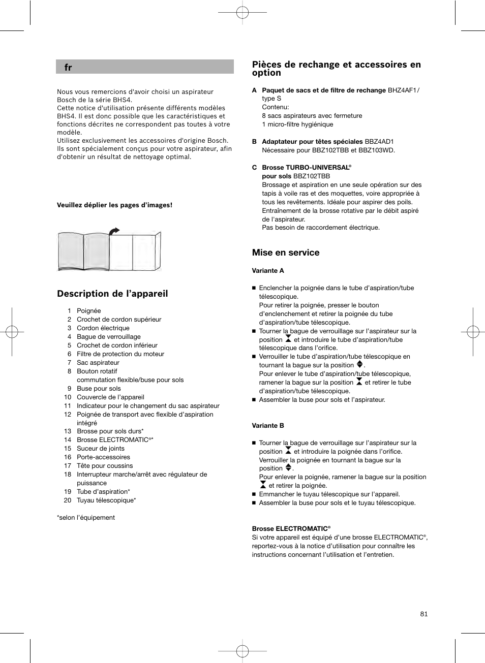 Description de l’appareil, Pièces de rechange et accessoires en option, Mise en service | Bosch Scopa elettrica BHS41825 Pro Animal hepa 1800 W User Manual | Page 82 / 142