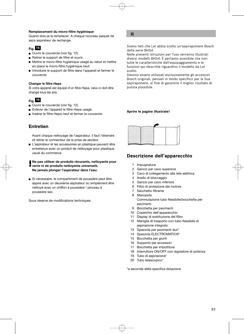 Descrizione dell’apparecchio, Entretien | Bosch Scopa elettrica BHS41825 Pro Animal hepa 1800 W User Manual | Page 84 / 142