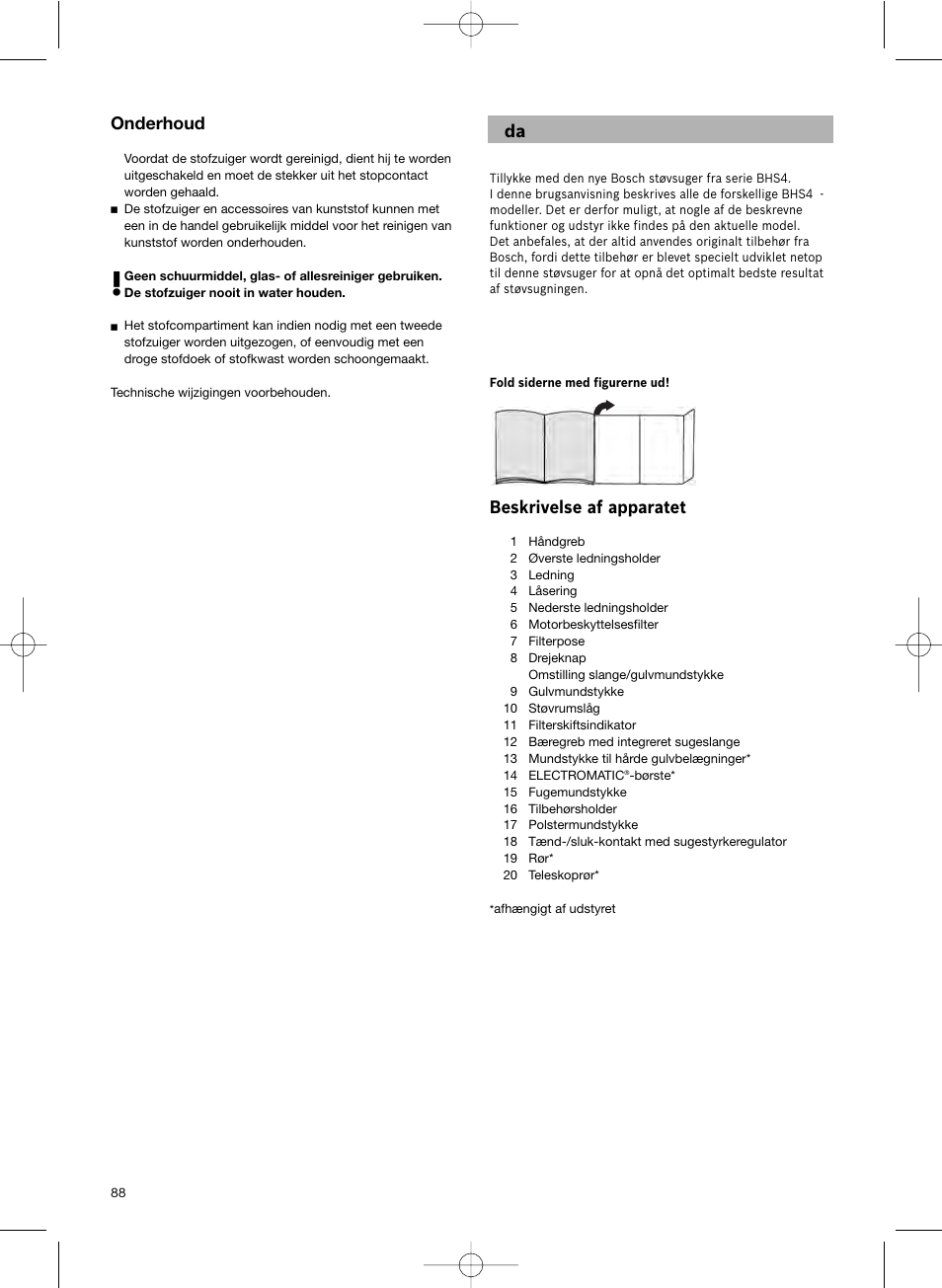 Beskrivelse af apparatet, Onderhoud | Bosch Scopa elettrica BHS41825 Pro Animal hepa 1800 W User Manual | Page 89 / 142