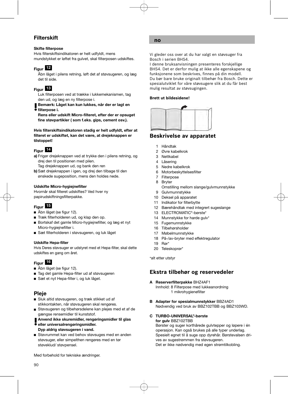 Beskrivelse av apparatet, Ekstra tilbehør og reservedeler, Filterskift | Pleje | Bosch Scopa elettrica BHS41825 Pro Animal hepa 1800 W User Manual | Page 91 / 142