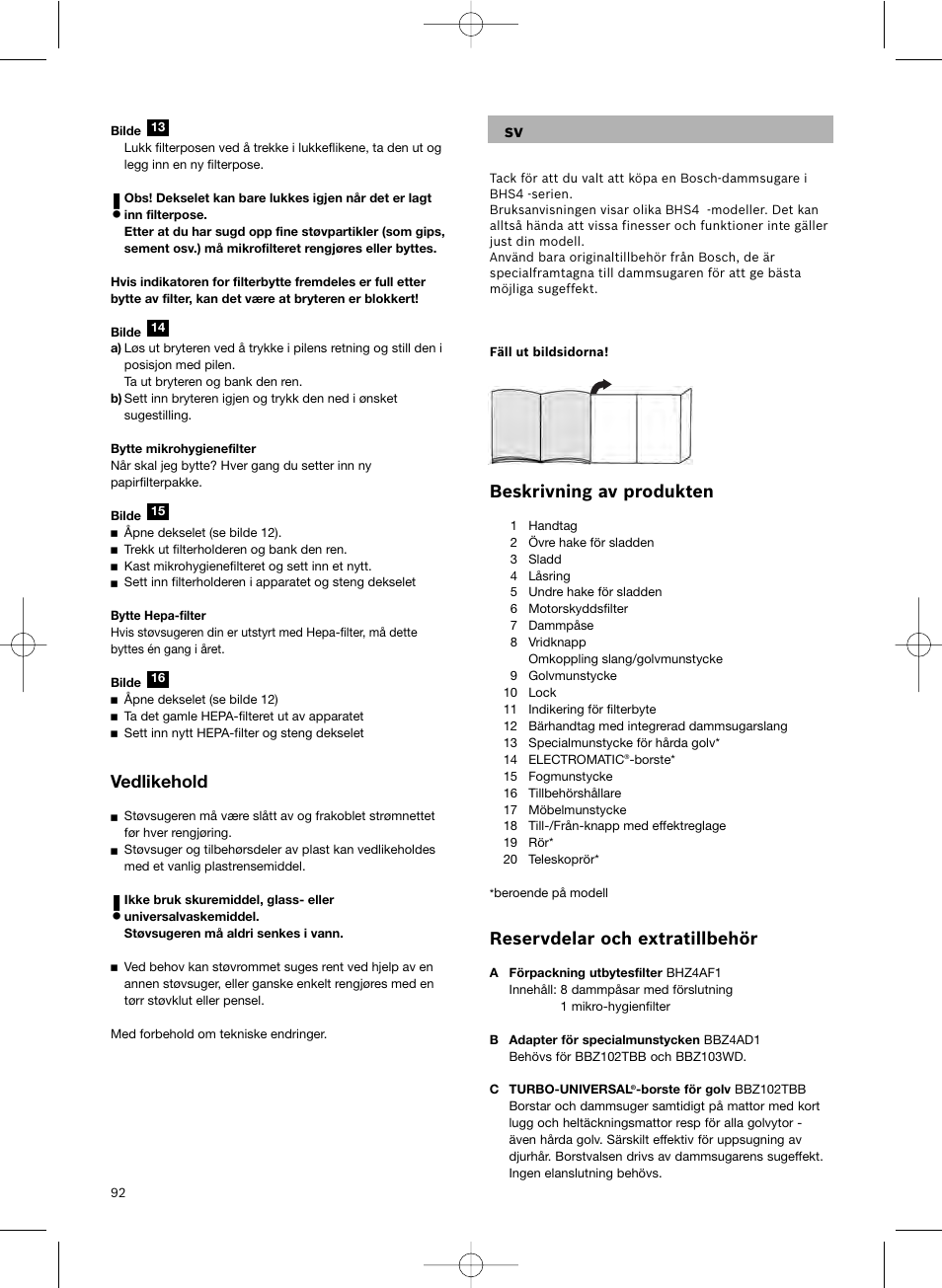 Beskrivning av produkten, Reservdelar och extratillbehör, Vedlikehold | Bosch Scopa elettrica BHS41825 Pro Animal hepa 1800 W User Manual | Page 93 / 142