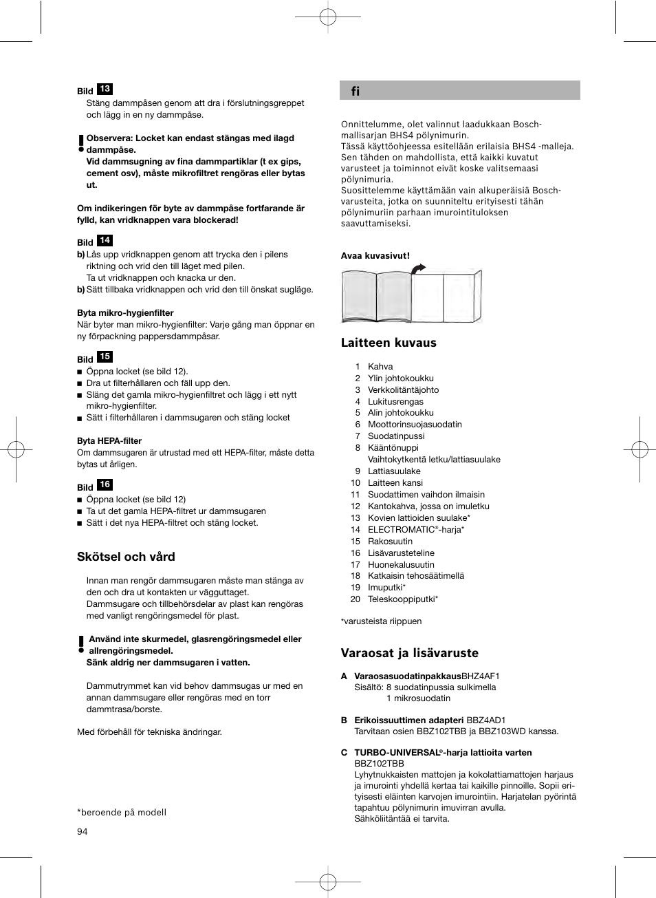 Laitteen kuvaus, Varaosat ja lisävaruste, Skötsel och vård | Bosch Scopa elettrica BHS41825 Pro Animal hepa 1800 W User Manual | Page 95 / 142