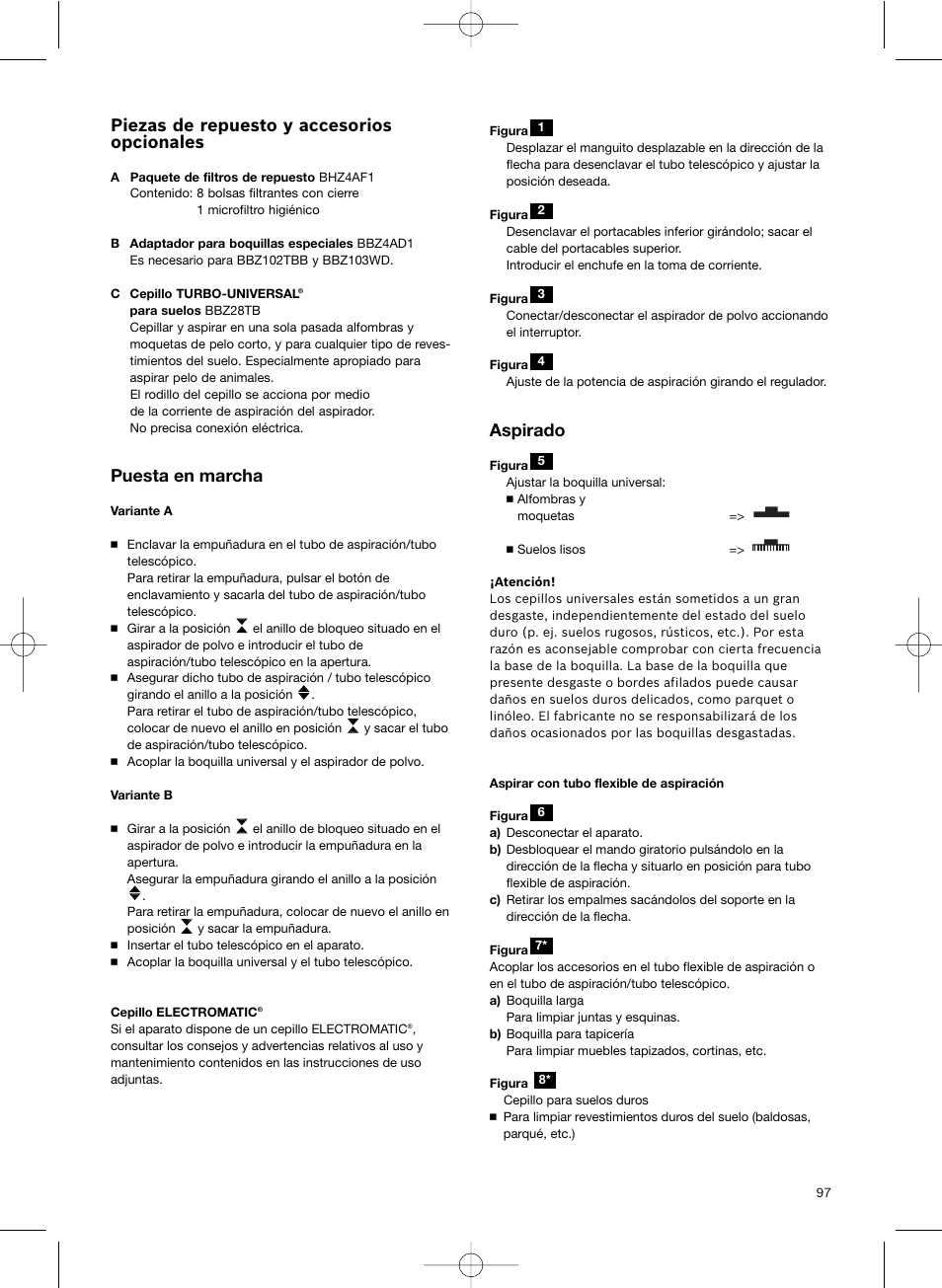 Piezas de repuesto y accesorios opcionales, Puesta en marcha, Aspirado | Bosch Scopa elettrica BHS41825 Pro Animal hepa 1800 W User Manual | Page 98 / 142