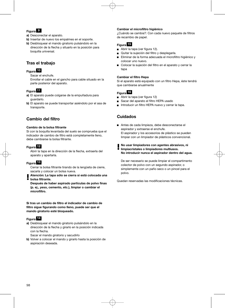 Tras el trabajo, Cambio del filtro, Cuidados | Bosch Scopa elettrica BHS41825 Pro Animal hepa 1800 W User Manual | Page 99 / 142