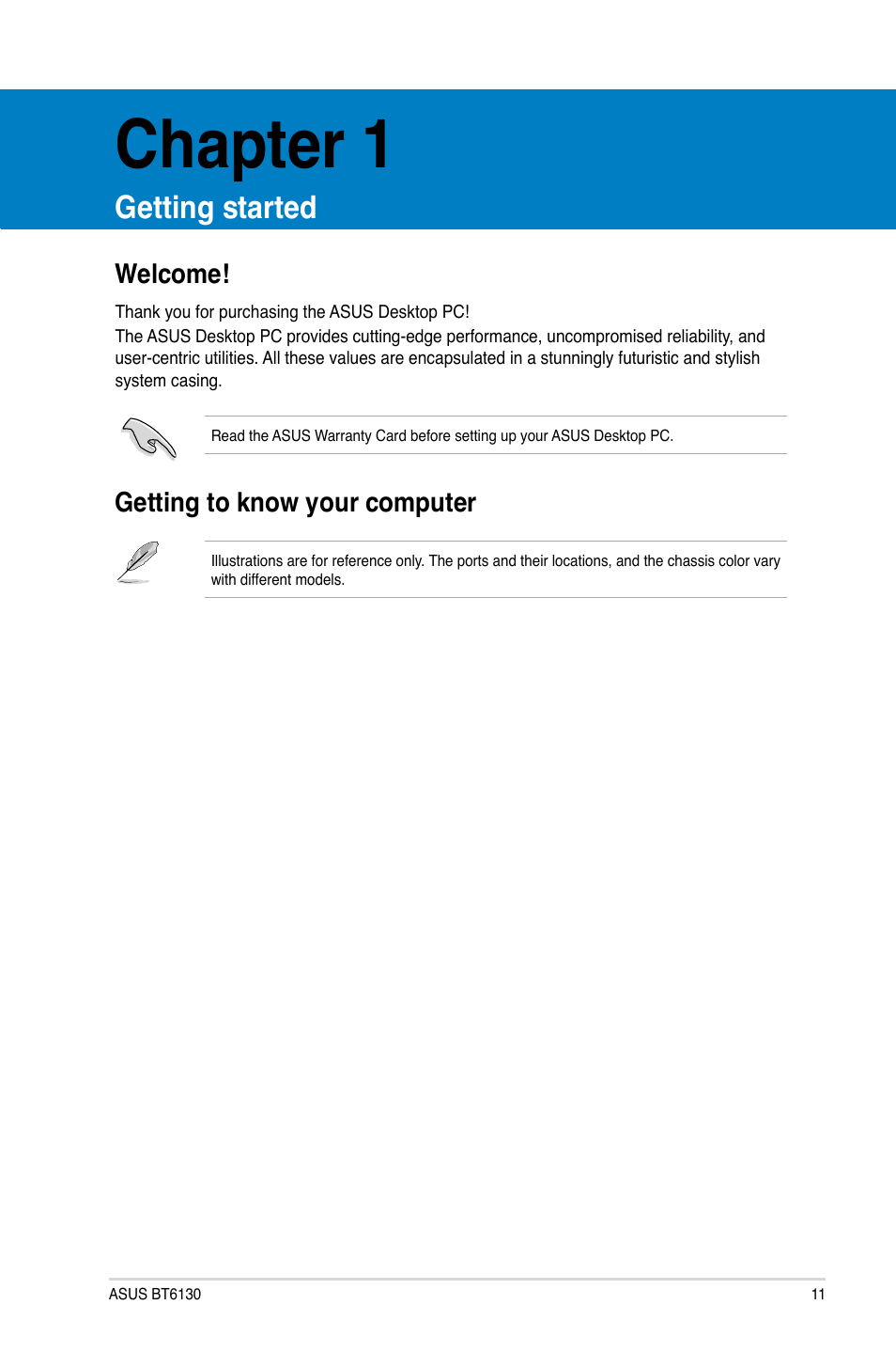 Chapter 1, Getting started, Welcome | Getting to know your computer, Welcome! getting to know your computer | Asus BT6130 User Manual | Page 11 / 60