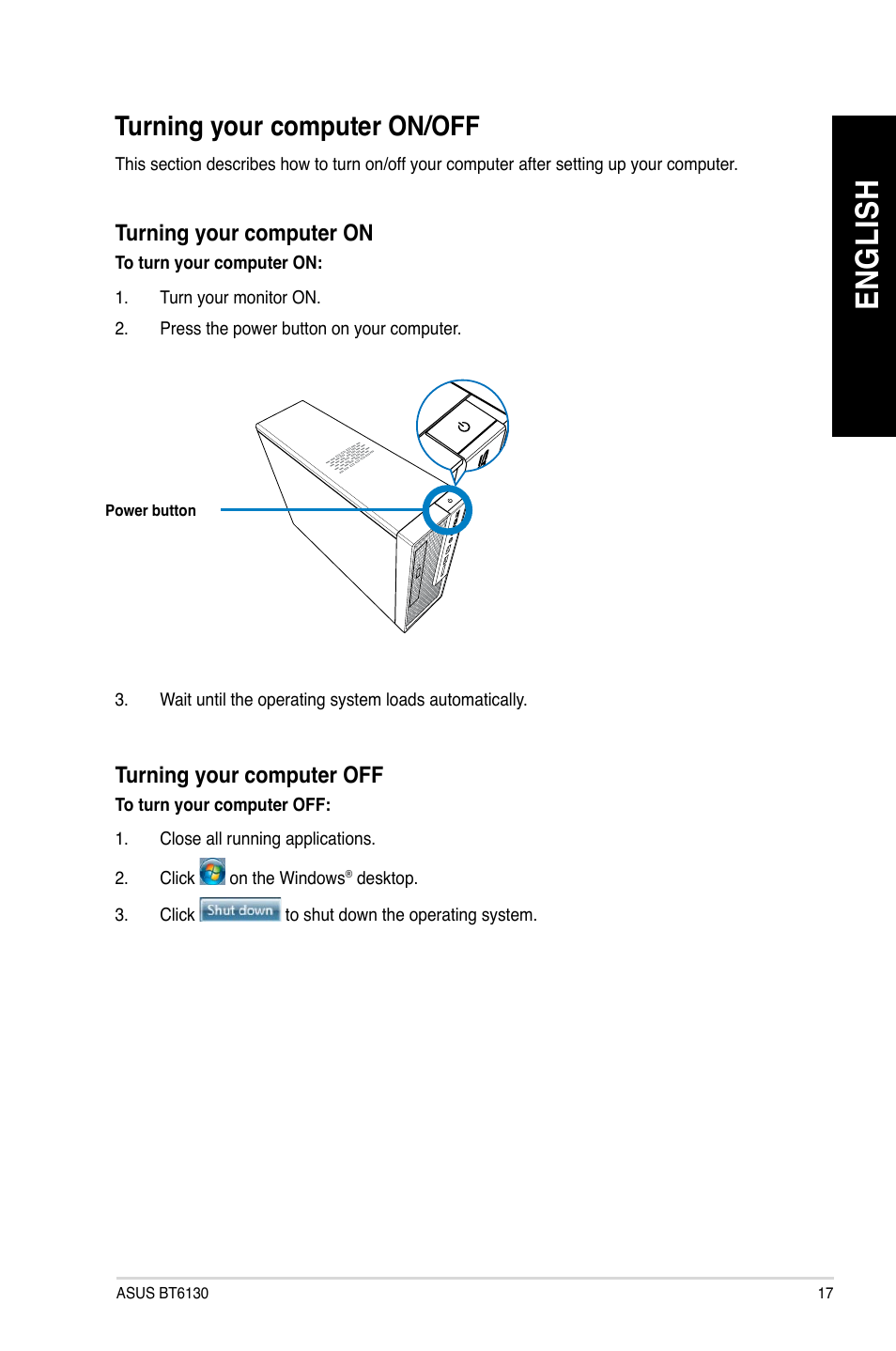 Turning your computer on/off, En gl is h en gl is h | Asus BT6130 User Manual | Page 17 / 60