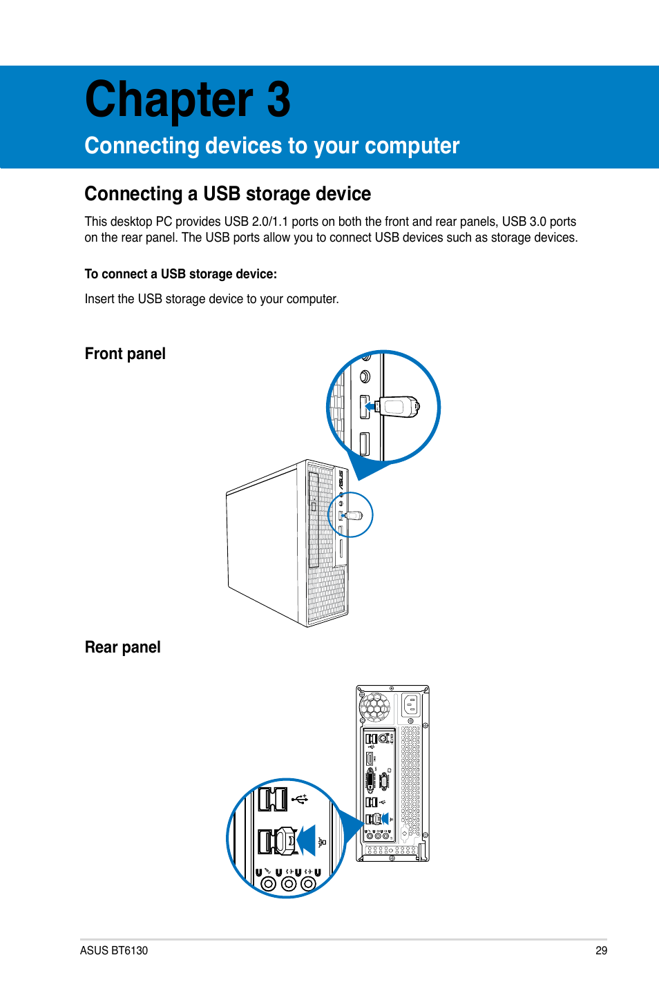 Chapter 3, Connecting devices to your computer, Connecting a usb storage device | Asus BT6130 User Manual | Page 29 / 60