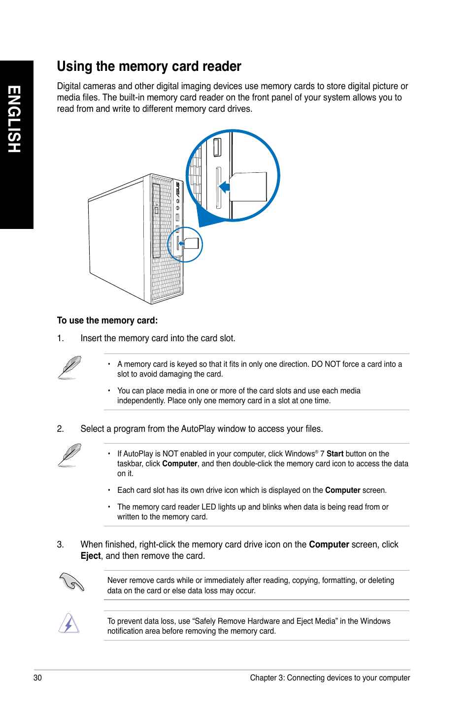 Using the memory card reader, En gl is h en gl is h en gl is h en gl is h | Asus BT6130 User Manual | Page 30 / 60