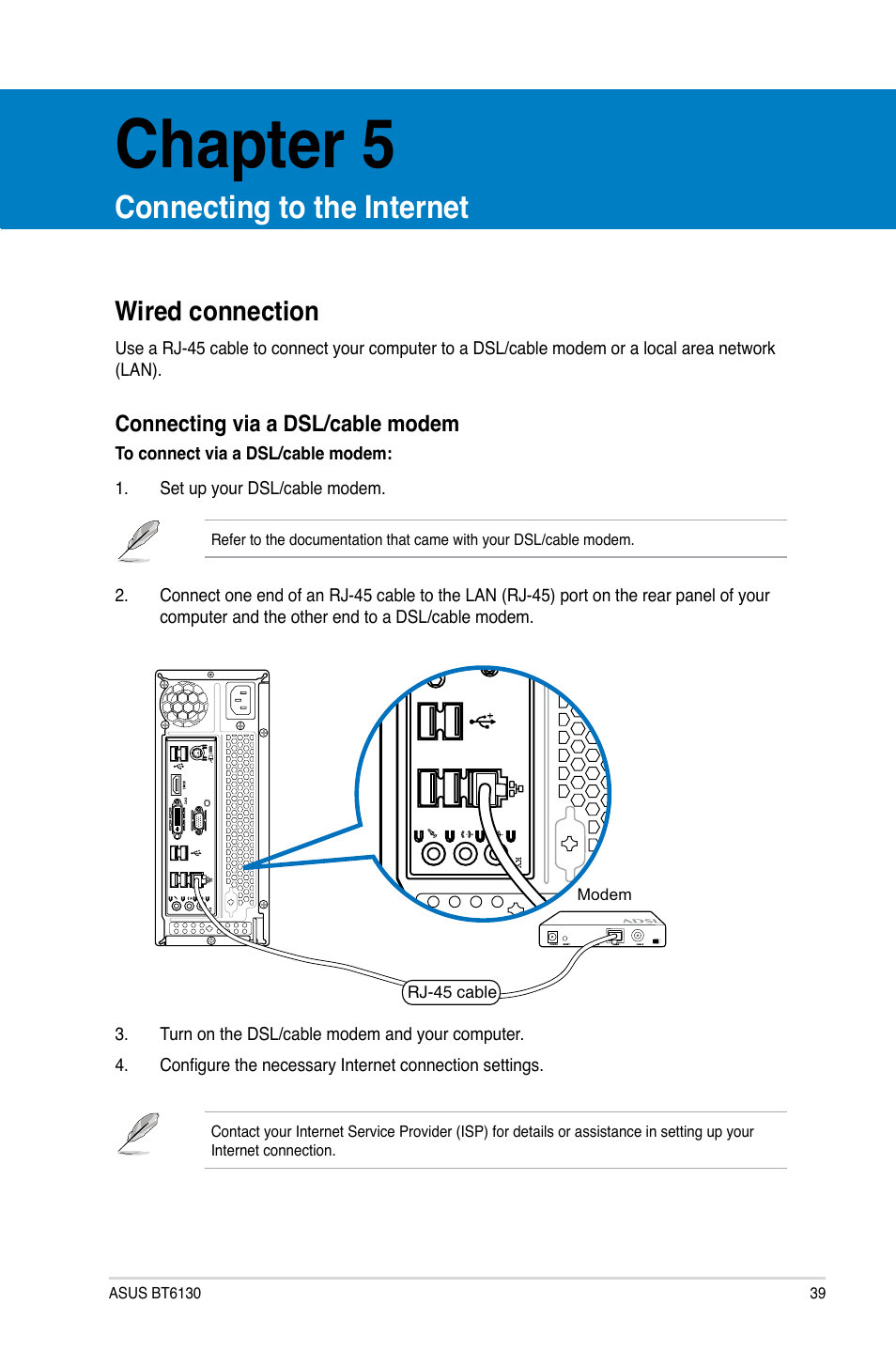 Chapter 5, Connecting to the internet, Wired connection | En gl is h en gl is h | Asus BT6130 User Manual | Page 39 / 60