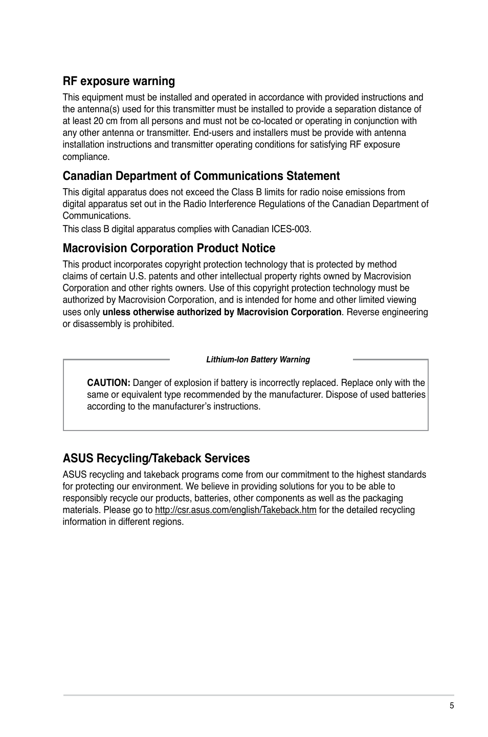 Rf exposure warning, Canadian department of communications statement, Macrovision corporation product notice | Asus recycling/takeback services | Asus BT6130 User Manual | Page 5 / 60