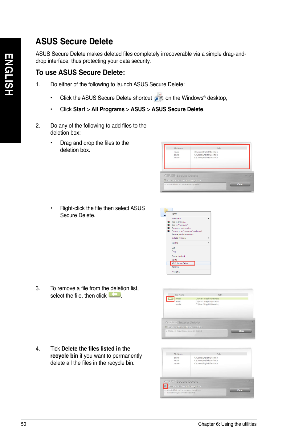 Asus secure delete, En gl is h en gl is h en gl is h en gl is h | Asus BT6130 User Manual | Page 50 / 60