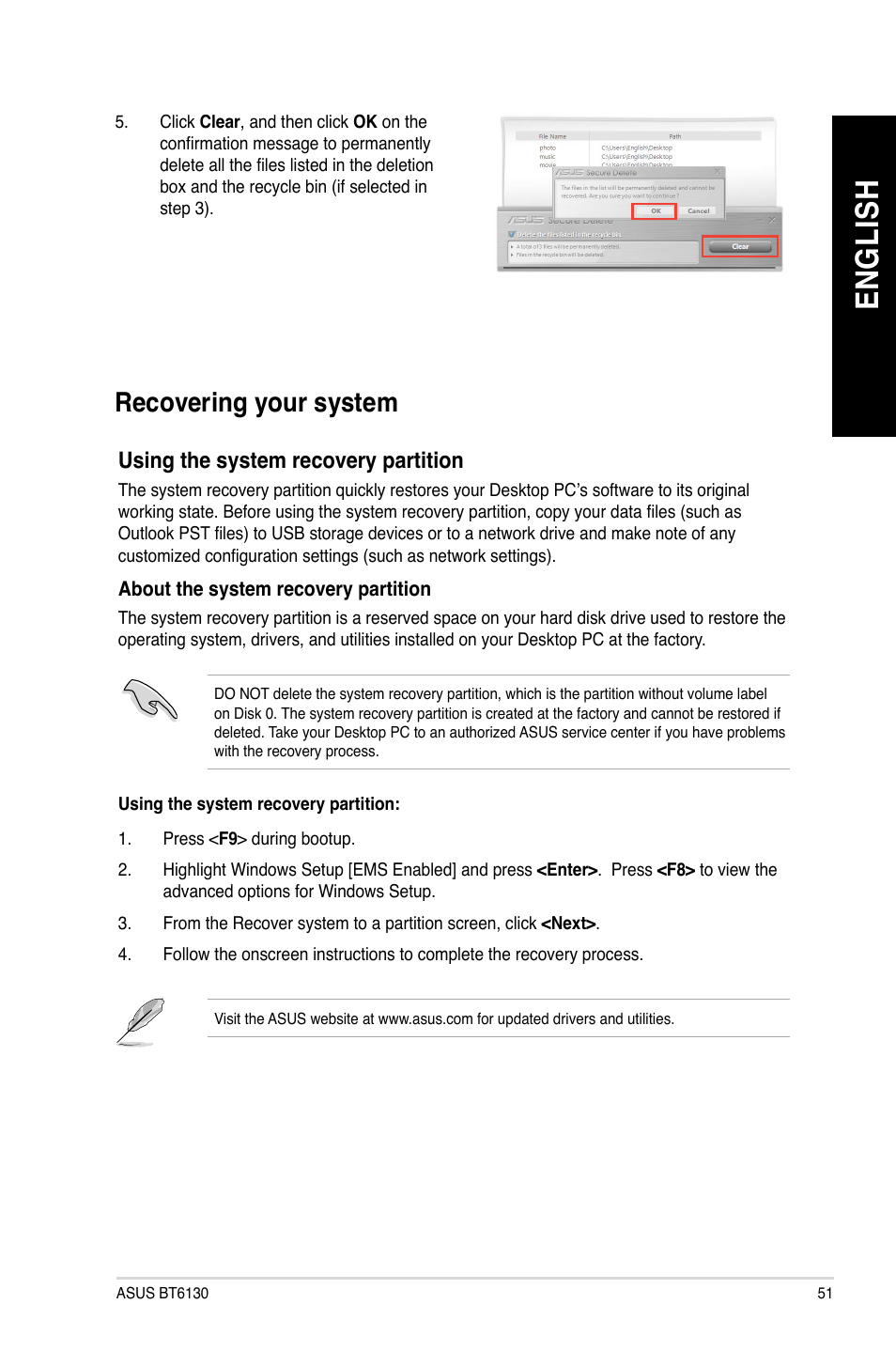 Recovering your system, En gl is h en gl is h | Asus BT6130 User Manual | Page 51 / 60