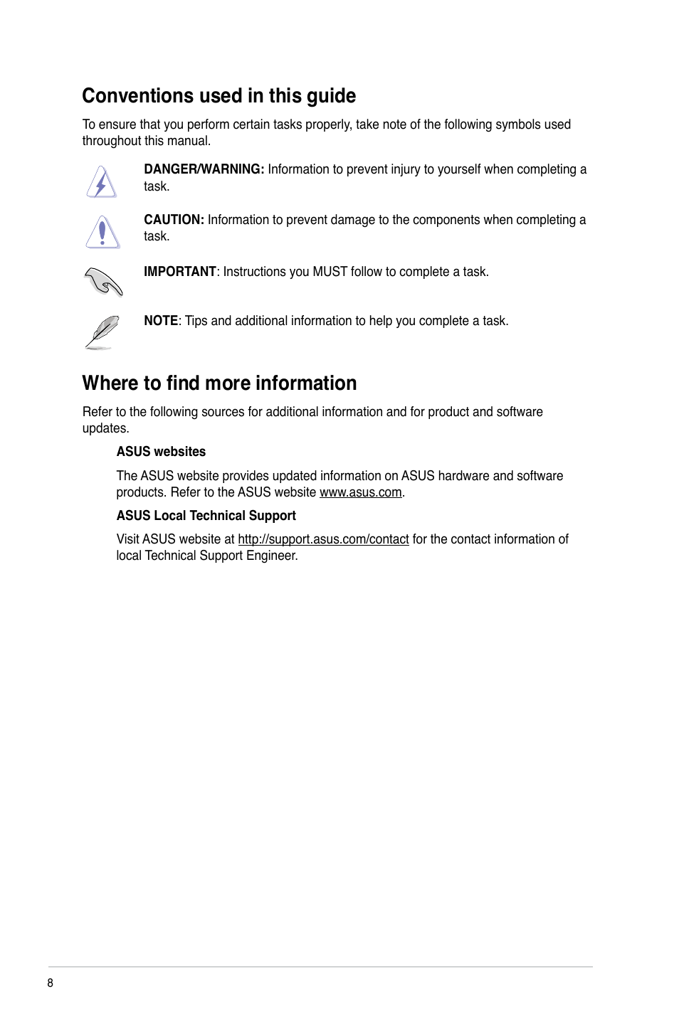 Conventions used in this guide, Where to find more information | Asus BT6130 User Manual | Page 8 / 60