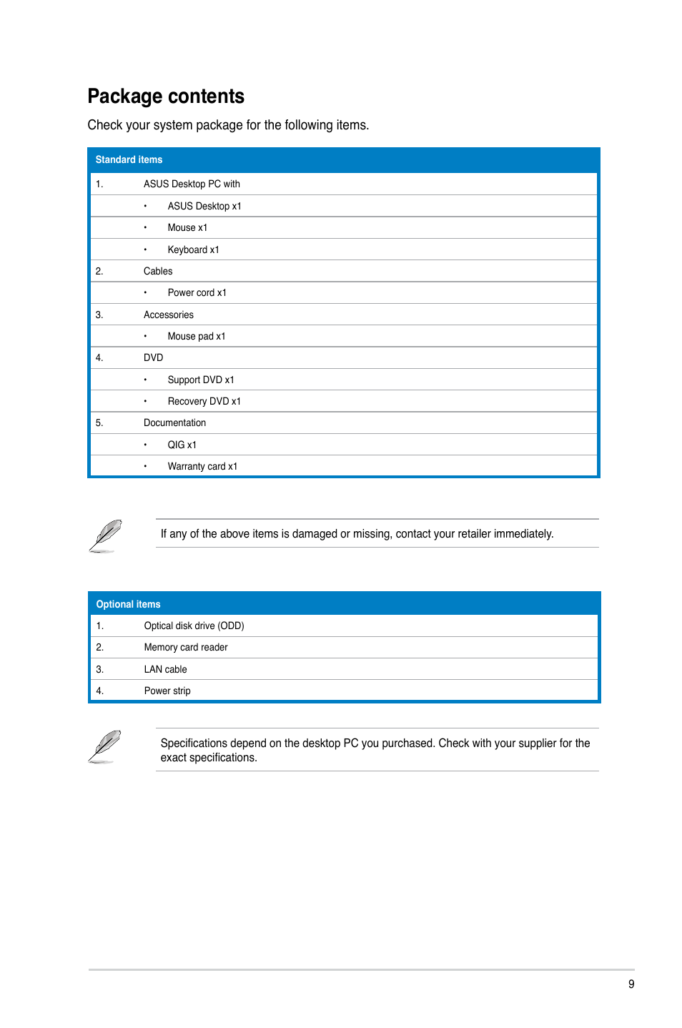 Package contents, Check your system package for the following items | Asus BT6130 User Manual | Page 9 / 60