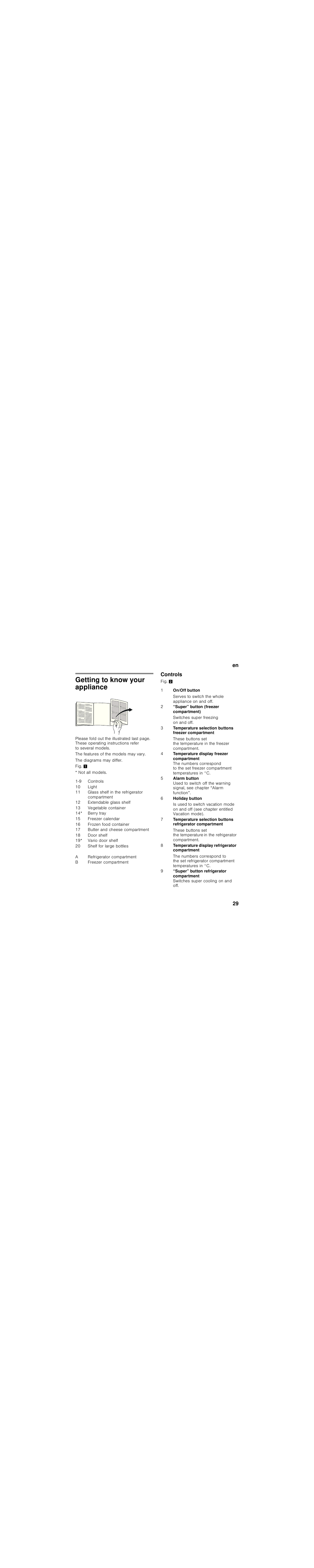 Getting to know your appliance, Controls | Bosch KIN86AF30 Frigorifero combinato Porta con cerniera piatta User Manual | Page 29 / 107