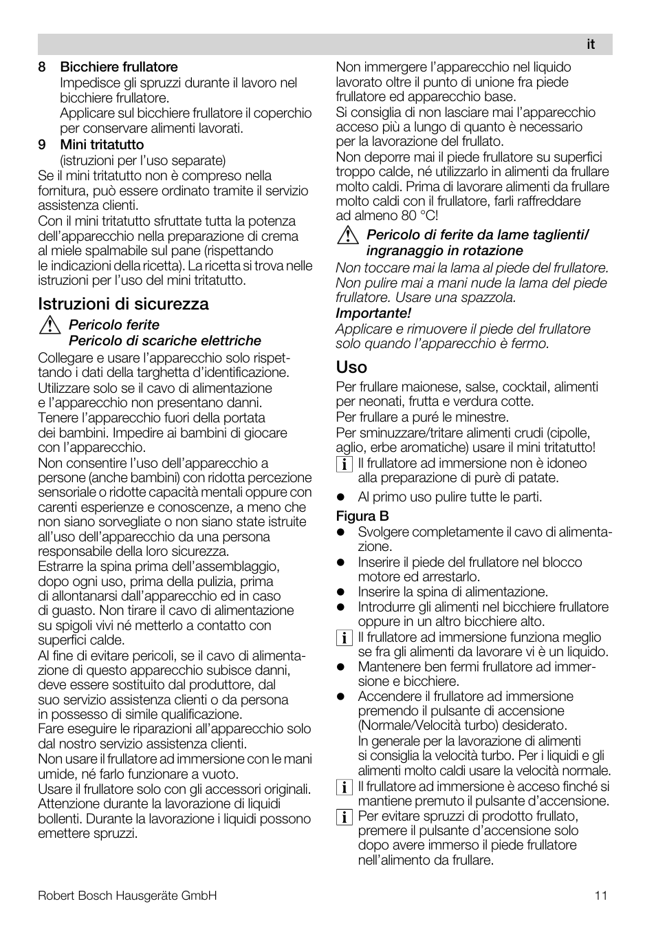 Istruzioni di sicurezza | Bosch MSM7250 User Manual | Page 11 / 65