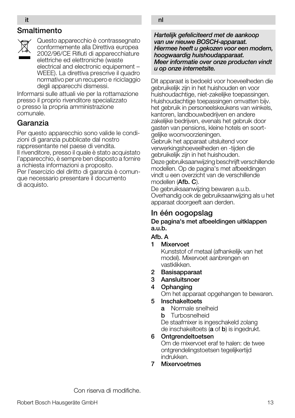 Smaltimento, Garanzia | Bosch MSM7250 User Manual | Page 13 / 65