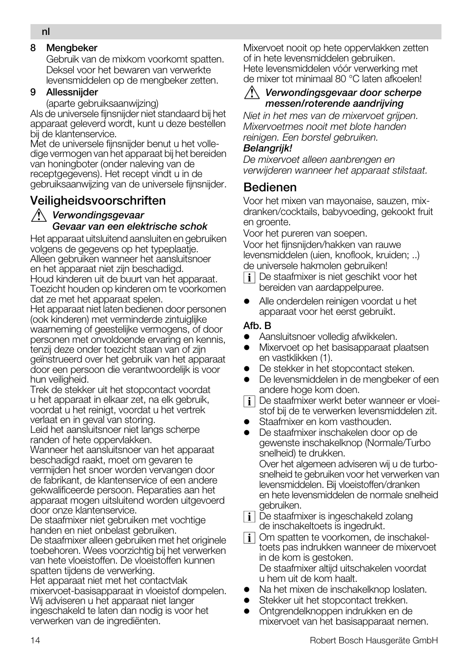 Veiligheidsvoorschriften, Bedienen | Bosch MSM7250 User Manual | Page 14 / 65