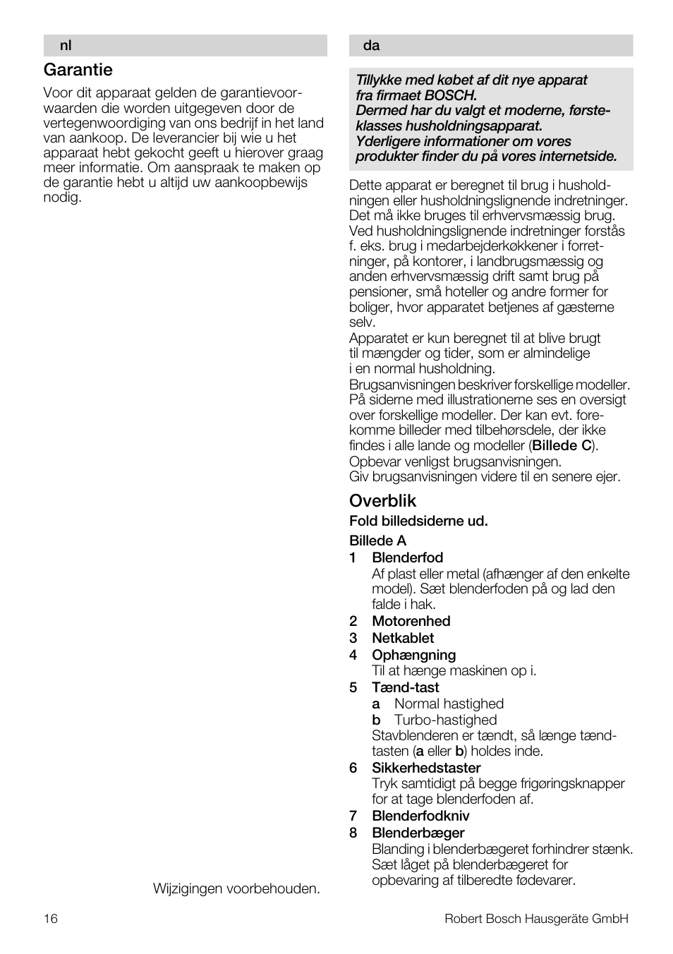 Garantie, Overblik | Bosch MSM7250 User Manual | Page 16 / 65