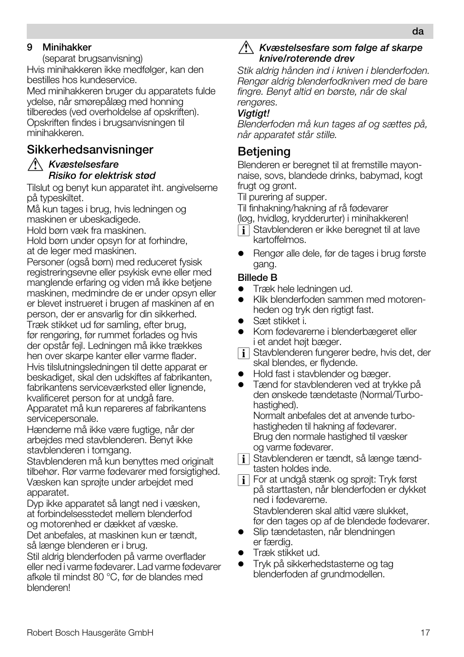 Sikkerhedsanvisninger, Betjening | Bosch MSM7250 User Manual | Page 17 / 65