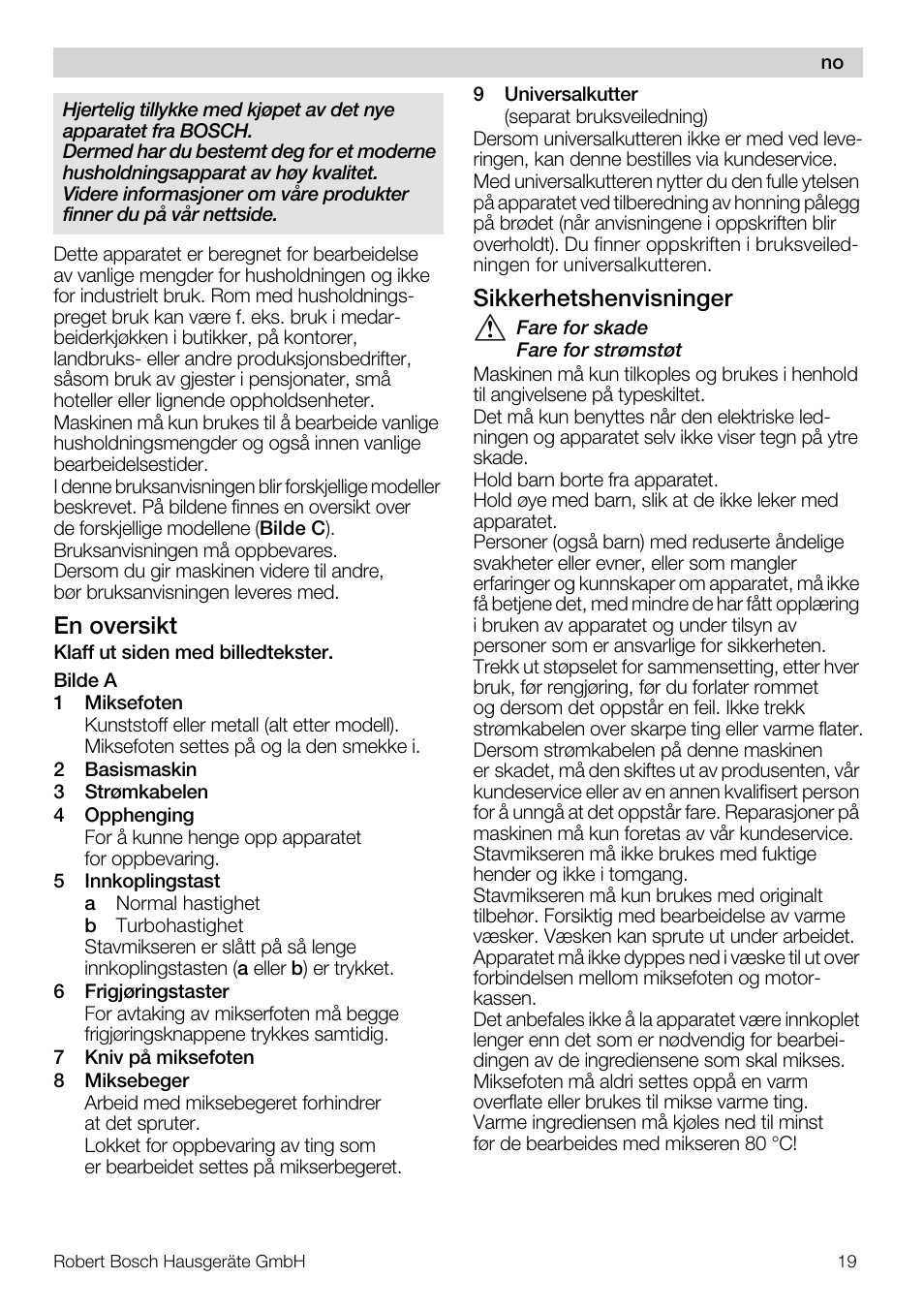 En oversikt, Sikkerhetshenvisninger | Bosch MSM7250 User Manual | Page 19 / 65