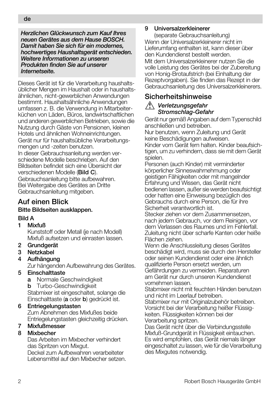 Auf einen blick, Sicherheitshinweise | Bosch MSM7250 User Manual | Page 2 / 65