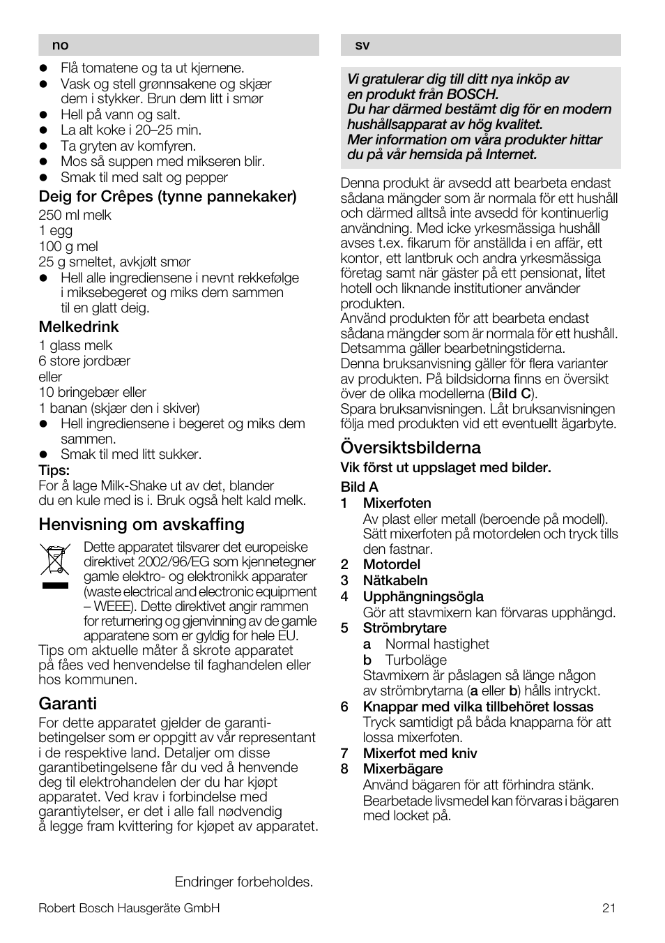 Henvisning om avskaffing, Garanti, Översiktsbilderna | Bosch MSM7250 User Manual | Page 21 / 65