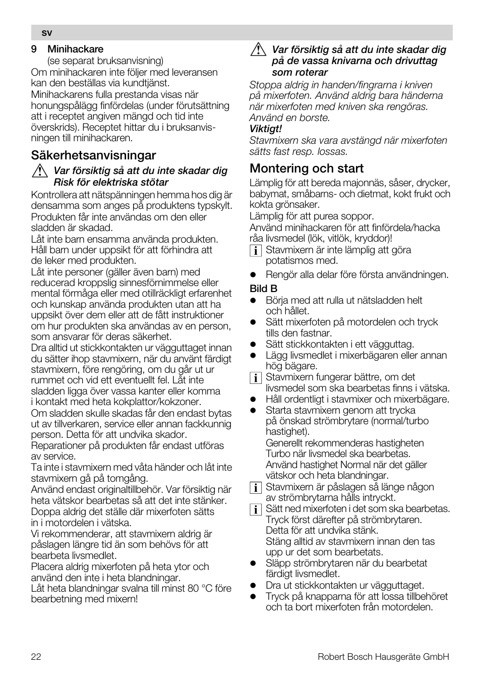 Säkerhetsanvisningar, Montering och start | Bosch MSM7250 User Manual | Page 22 / 65