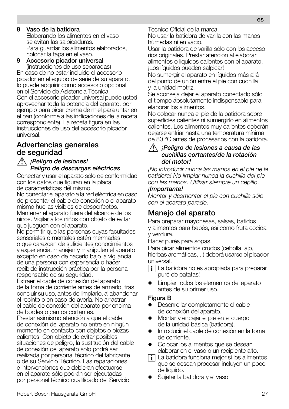 Advertencias generales de seguridad, Manejo del aparato | Bosch MSM7250 User Manual | Page 27 / 65