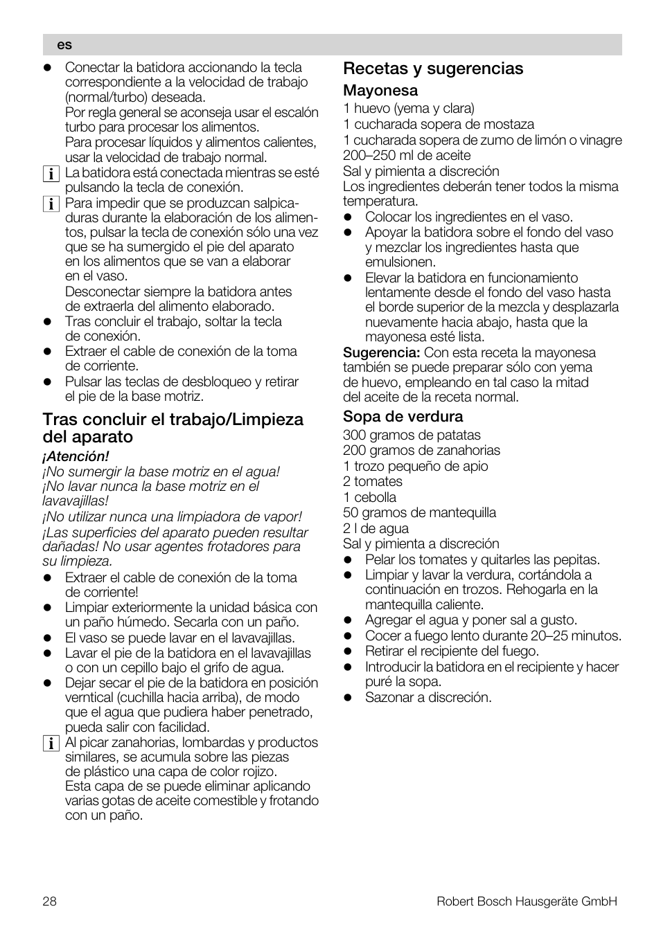 Tras concluir el trabajo/limpieza del aparato, Recetas y sugerencias | Bosch MSM7250 User Manual | Page 28 / 65
