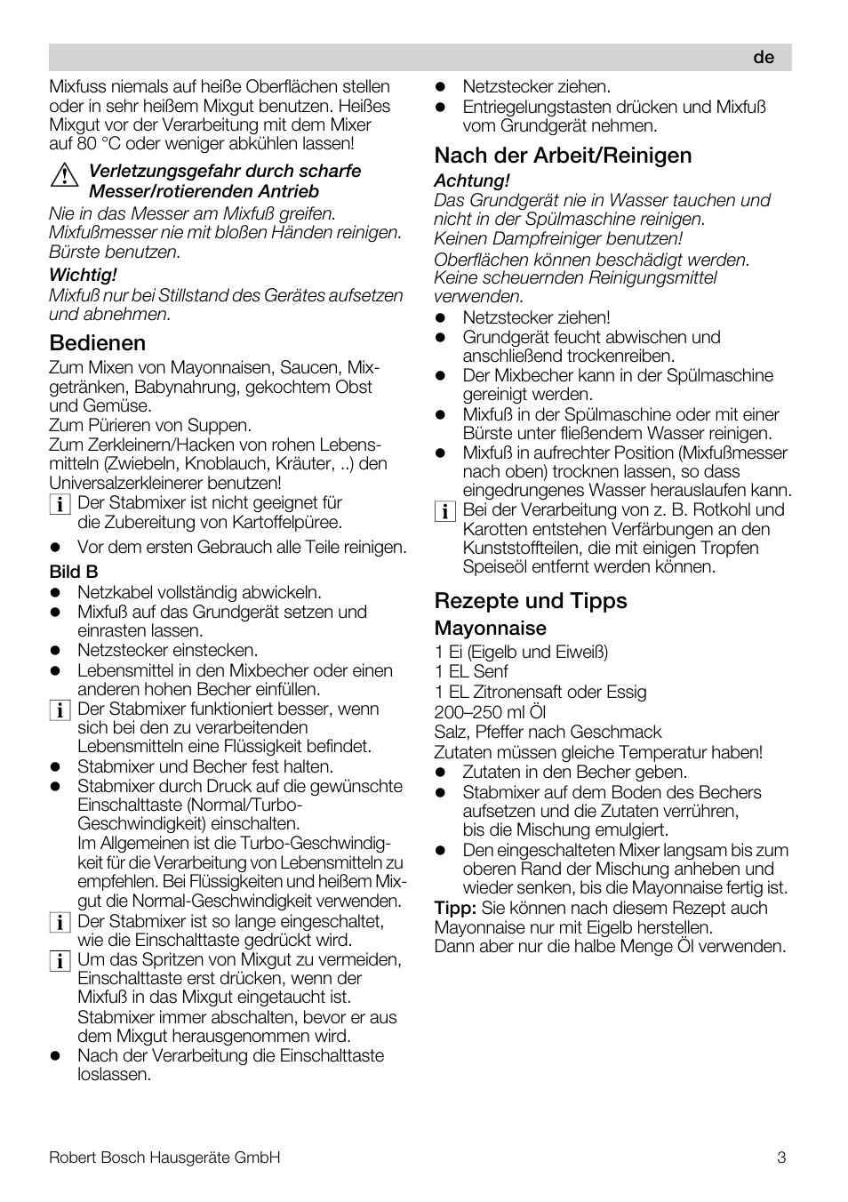 Bedienen, Nach der arbeit/reinigen, Rezepte und tipps | Bosch MSM7250 User Manual | Page 3 / 65