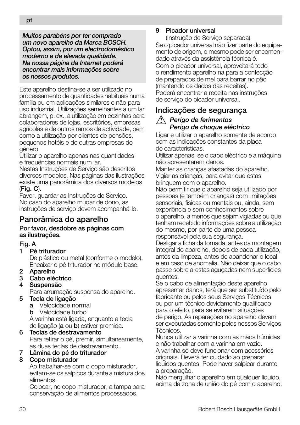 Panorâmica do aparelho, Indicações de segurança | Bosch MSM7250 User Manual | Page 30 / 65