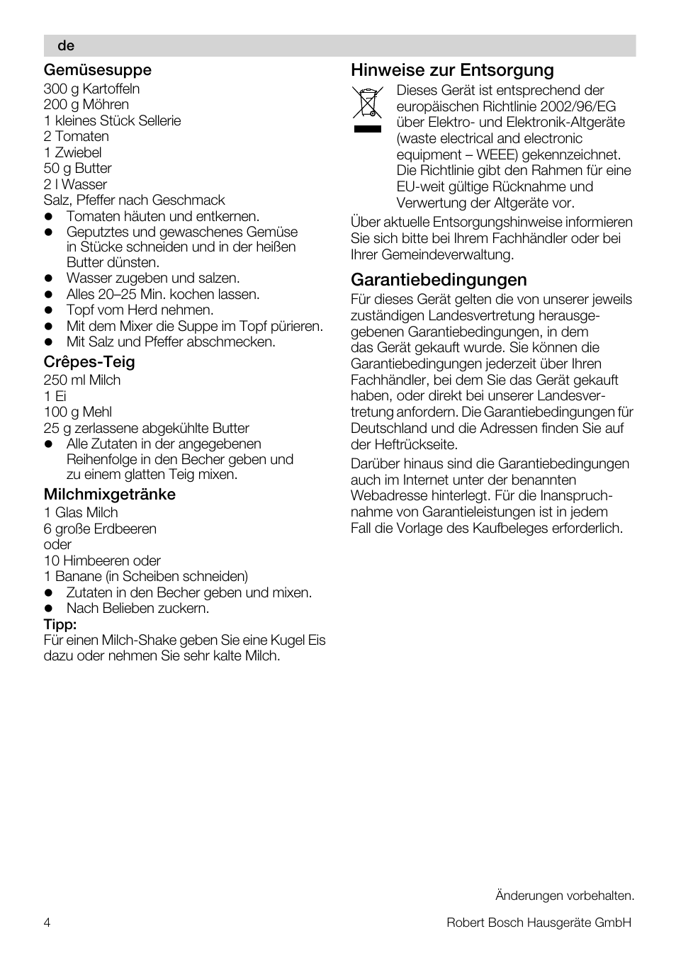 Hinweise zur entsorgung, Garantiebedingungen | Bosch MSM7250 User Manual | Page 4 / 65