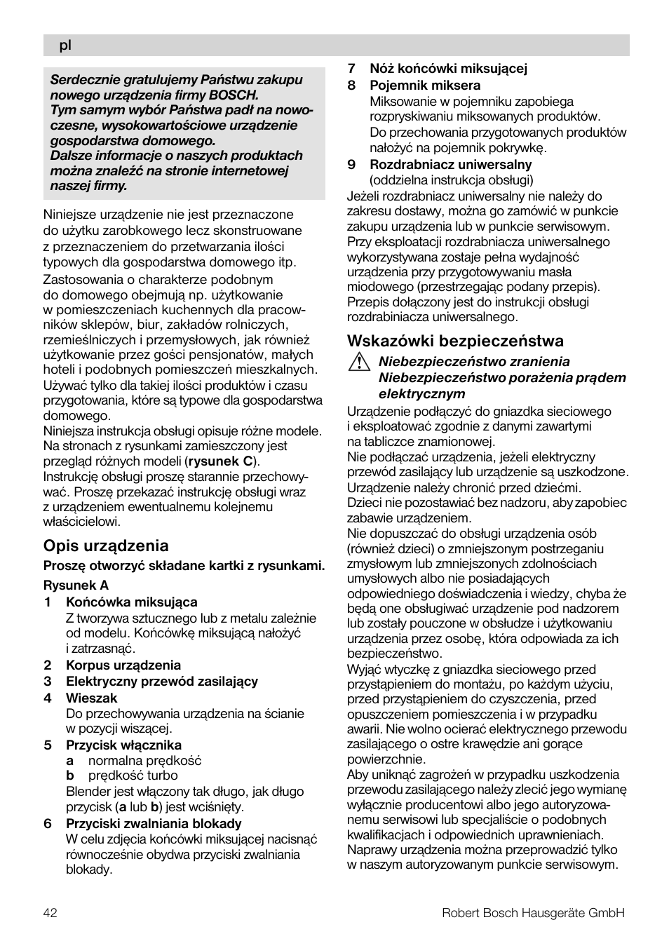 Opis urz¹dzenia, Wskazówki bezpieczeñstwa | Bosch MSM7250 User Manual | Page 42 / 65