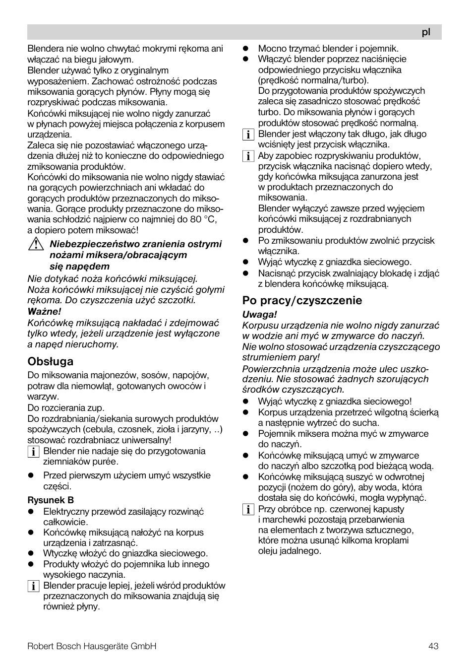 Obsługa, Po pracy/czyszczenie | Bosch MSM7250 User Manual | Page 43 / 65