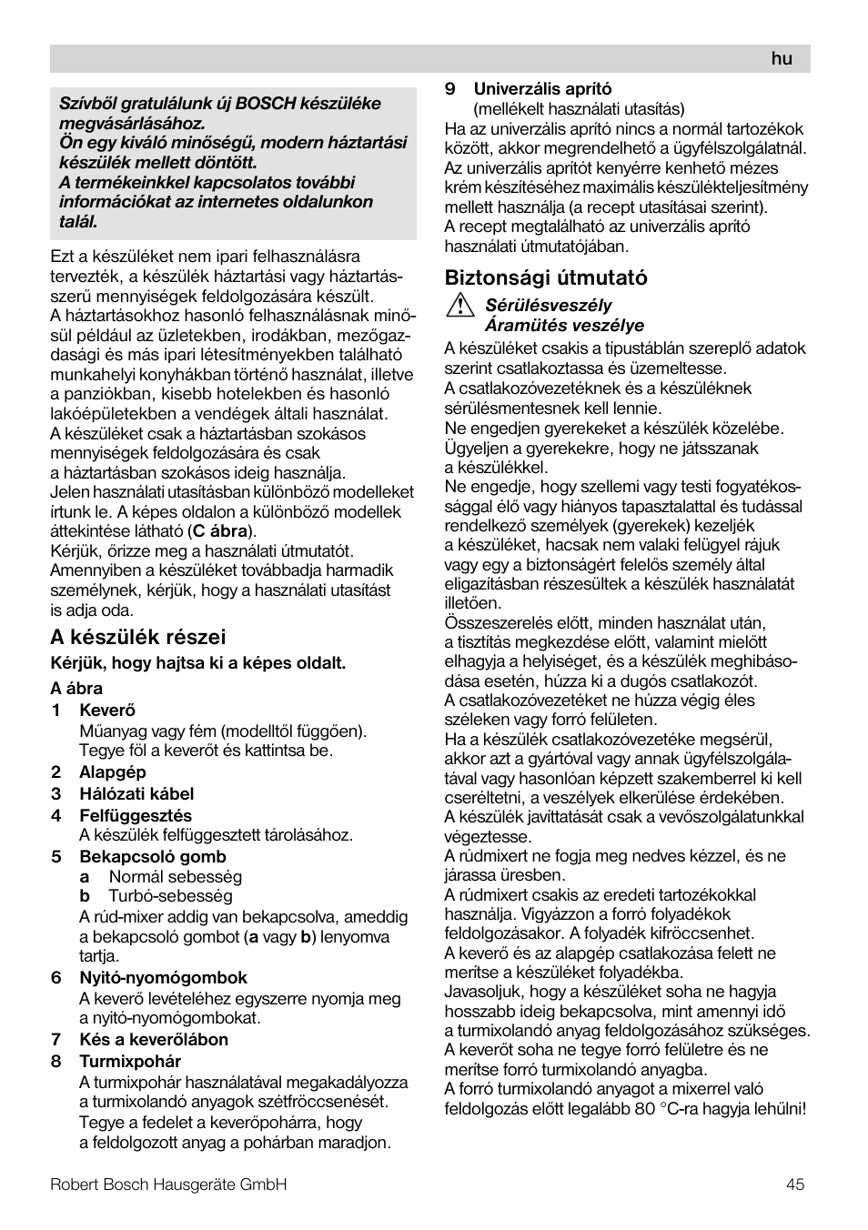 A készülék részei, Biztonsági útmutató | Bosch MSM7250 User Manual | Page 45 / 65