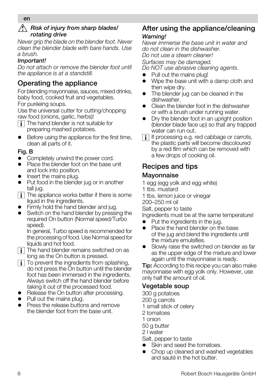 Operating the appliance, After using the appliance/cleaning, Recipes and tips | Bosch MSM7250 User Manual | Page 6 / 65