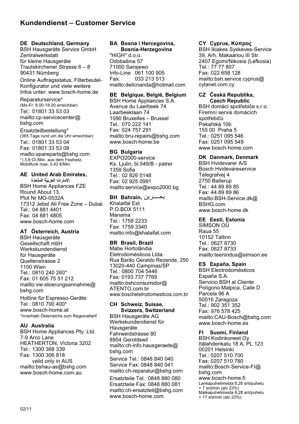 Kundendienst – customer service | Bosch MSM7250 User Manual | Page 60 / 65