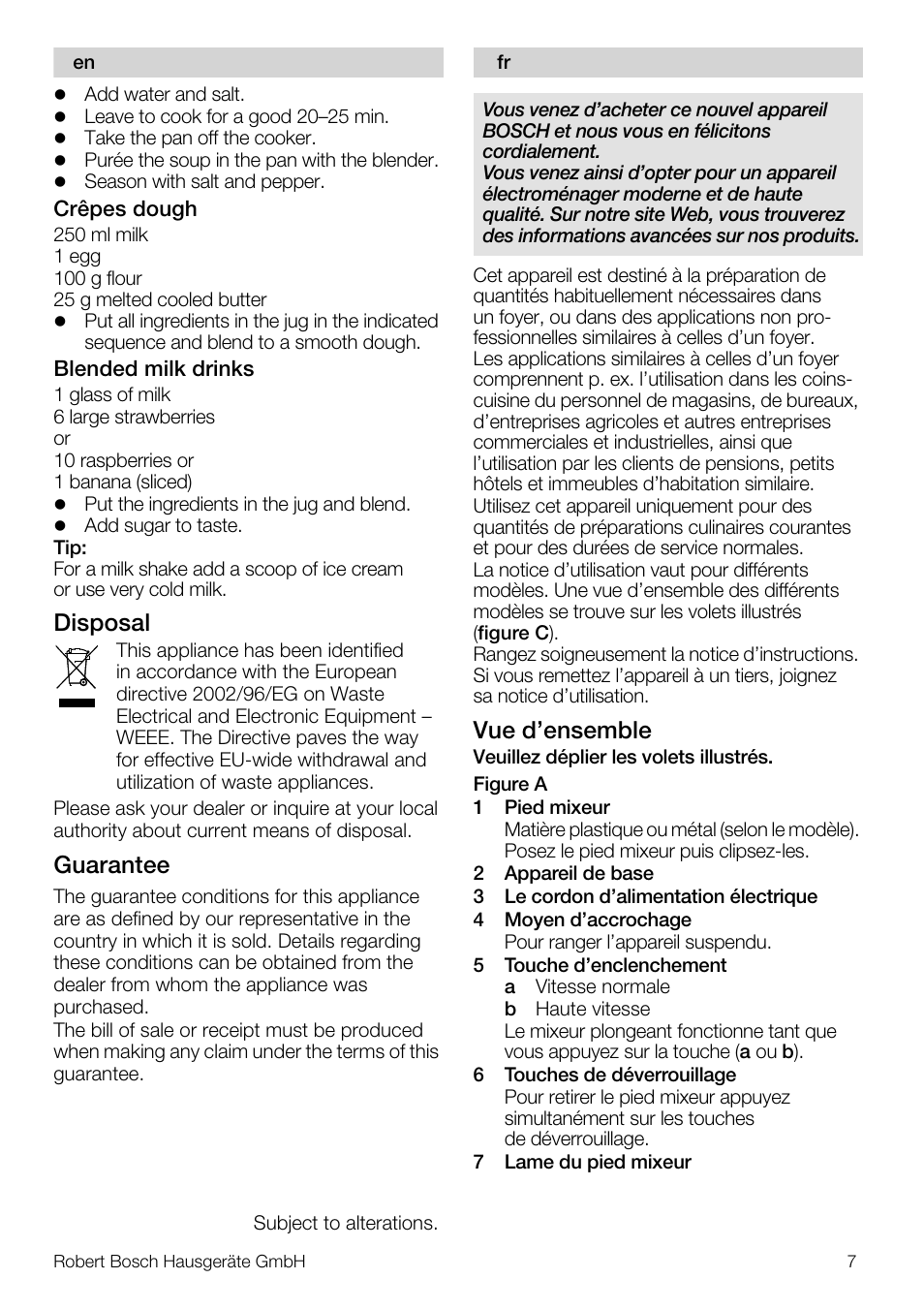 Disposal, Guarantee, Vue d’ensemble | Bosch MSM7250 User Manual | Page 7 / 65