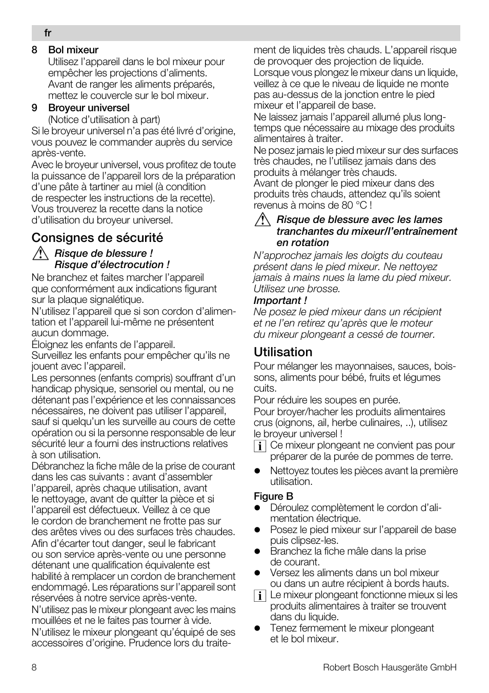 Consignes de sécurité, Utilisation | Bosch MSM7250 User Manual | Page 8 / 65