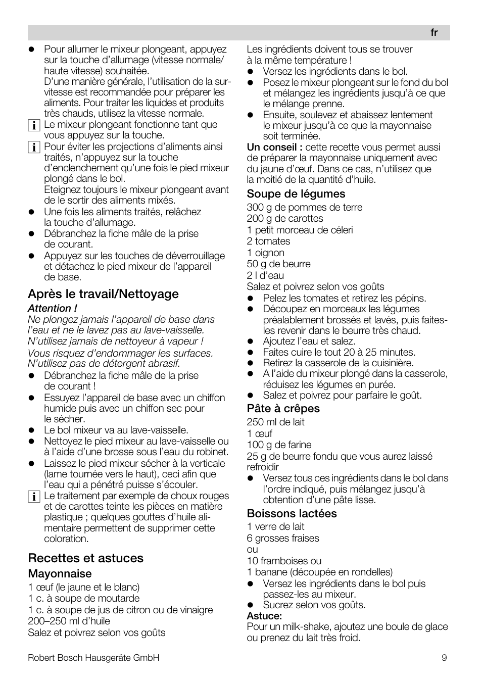 Après le travail/nettoyage, Recettes et astuces | Bosch MSM7250 User Manual | Page 9 / 65