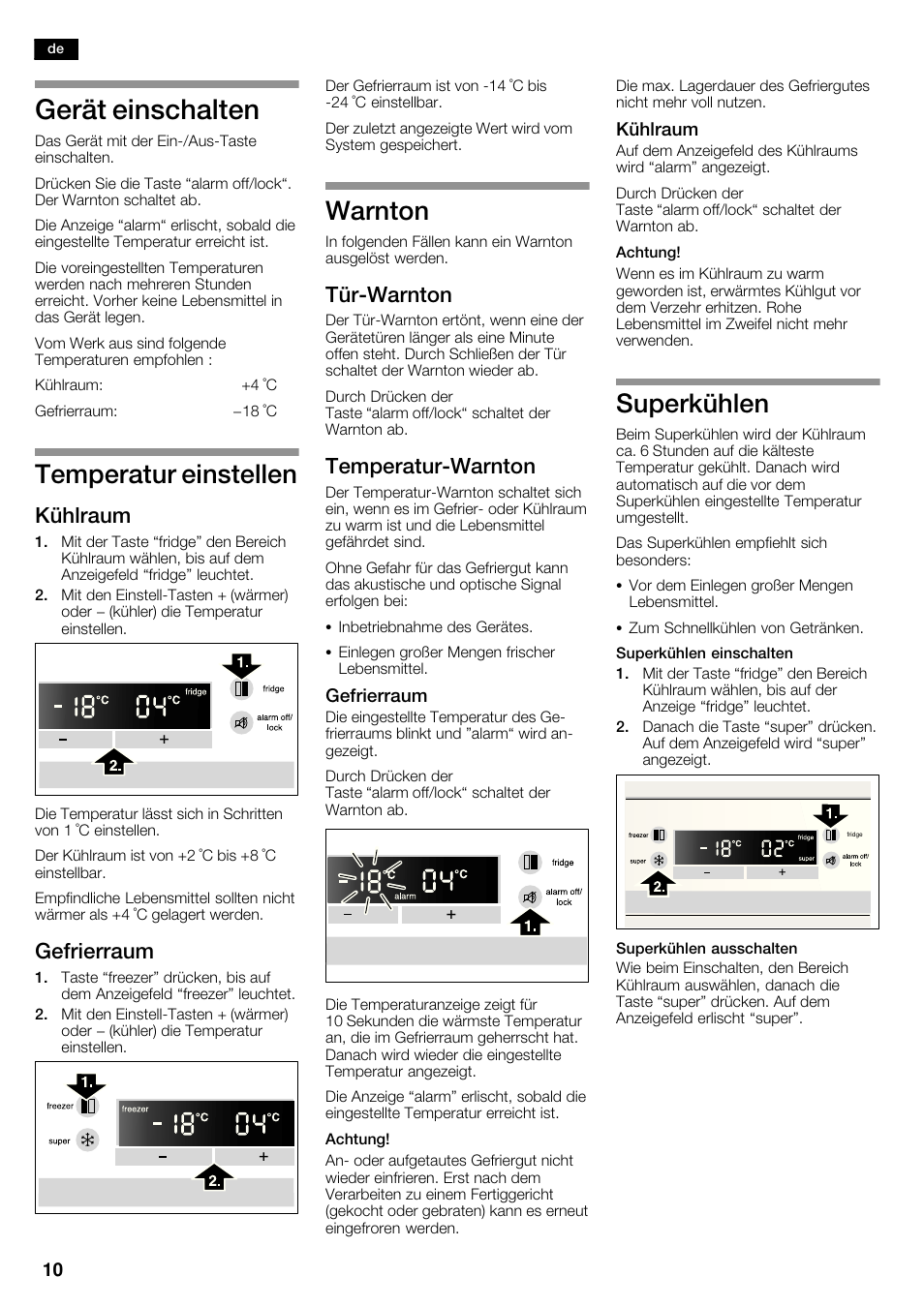 Gerät einschalten, Temperatur einstellen, Warnton | Superkühlen, Kühlraum, Gefrierraum, Türćwarnton, Temperaturćwarnton | Bosch KAN62V40 Frigo-congelatore Side by Side Inox look User Manual | Page 10 / 71