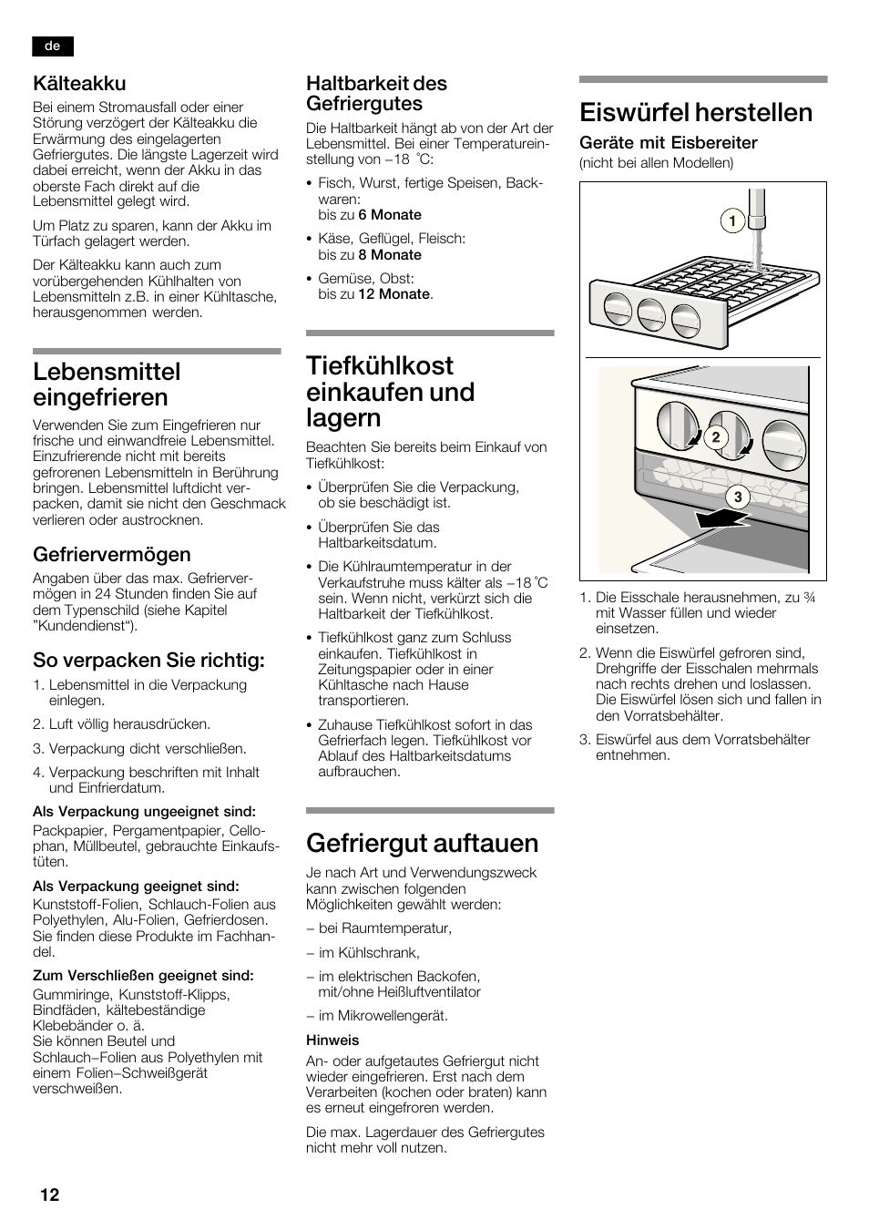 Tiefkühlkost einkaufen und lagern, Gefriergut auftauen, Eiswürfel herstellen | Lebensmittel eingefrieren, Kälteakku, Gefriervermögen, So verpacken sie richtig, Haltbarkeit des gefriergutes | Bosch KAN62V40 Frigo-congelatore Side by Side Inox look User Manual | Page 12 / 71