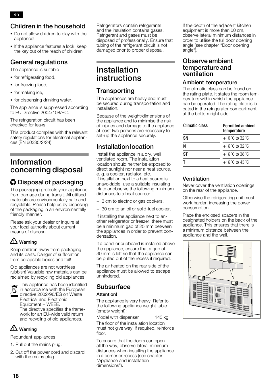 Installation instructions, Information concerning disposal, Children in the household | General regulations, Xdisposal of packaging, Transporting, Installation location, Subsurface, Observe ambient temperature and ventilation | Bosch KAN62V40 Frigo-congelatore Side by Side Inox look User Manual | Page 18 / 71