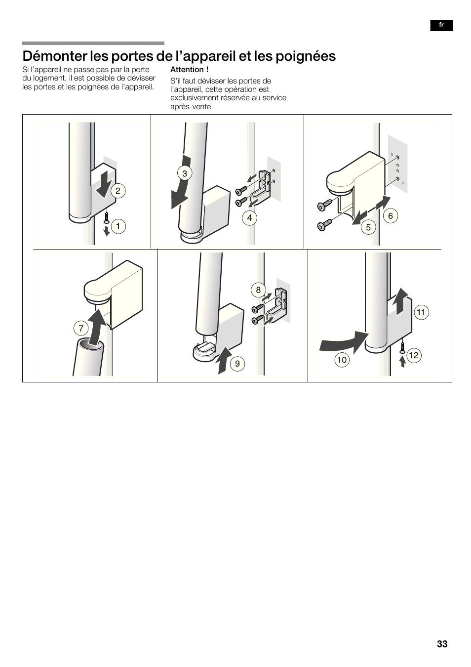 Démonter les portes de l'appareil et les poignées | Bosch KAN62V40 Frigo-congelatore Side by Side Inox look User Manual | Page 33 / 71