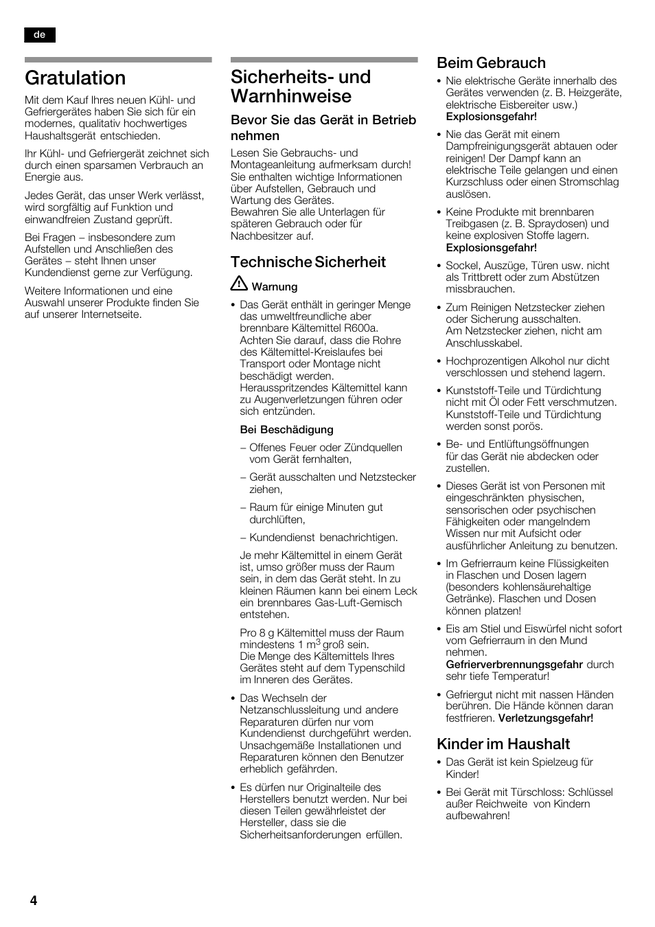 Gratulation, Sicherheitsć und warnhinweise, Technische sicherheit | Beim gebrauch, Kinder im haushalt | Bosch KAN62V40 Frigo-congelatore Side by Side Inox look User Manual | Page 4 / 71