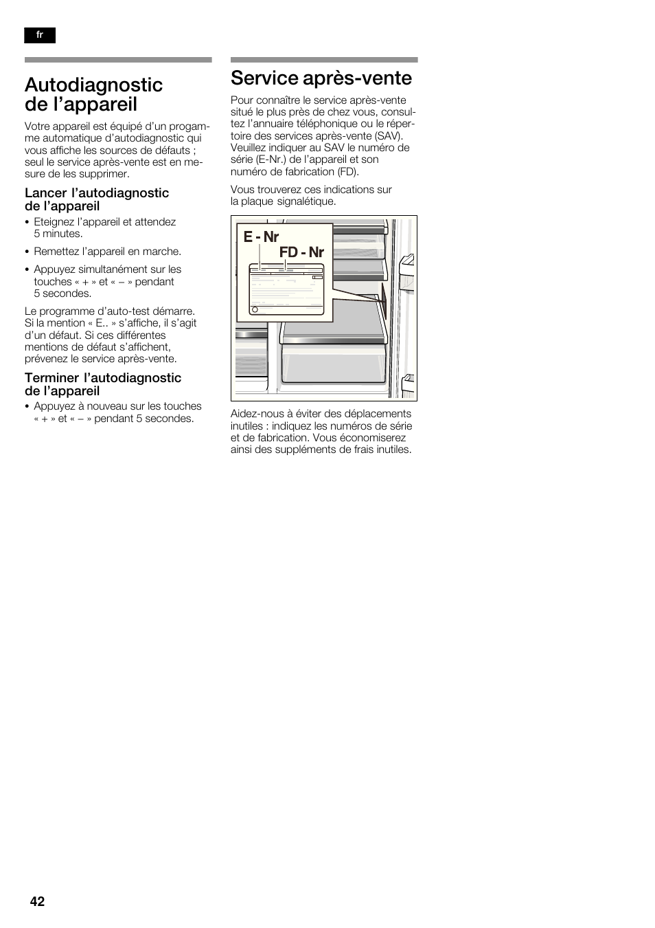 Autodiagnostic de l'appareil, Service aprèsćvente | Bosch KAN62V40 Frigo-congelatore Side by Side Inox look User Manual | Page 42 / 71