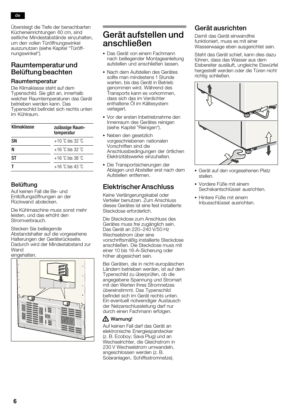 Gerät aufstellen und anschließen, Raumtemperatur und belüftung beachten, Elektrischer anschluss | Gerät ausrichten | Bosch KAN62V40 Frigo-congelatore Side by Side Inox look User Manual | Page 6 / 71